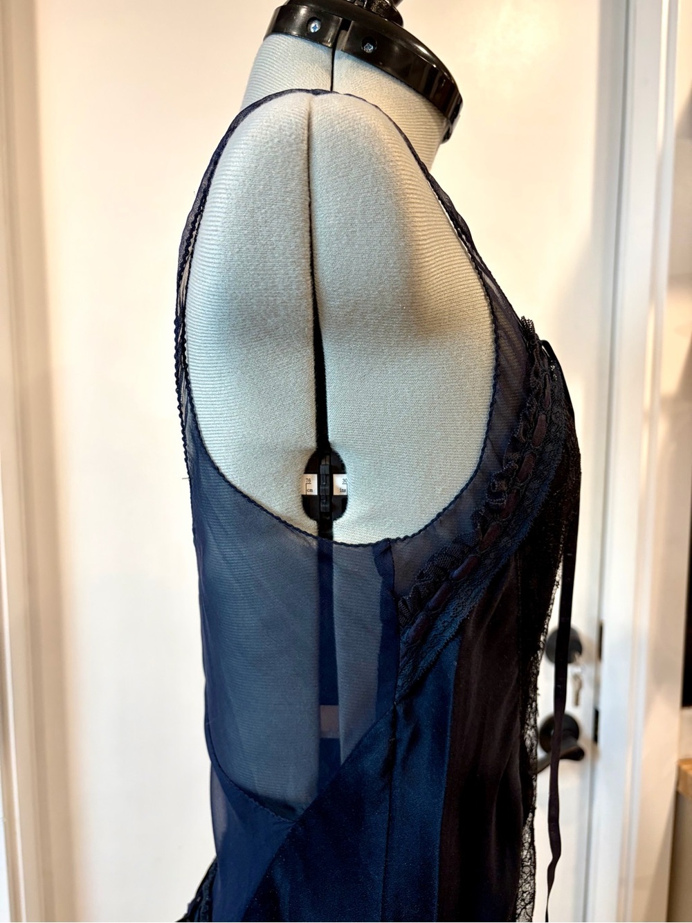 Vintage slip dress, 20’s style, silk satin&chiffon, lace details, navy,4, EUC - Picture 5 of 11